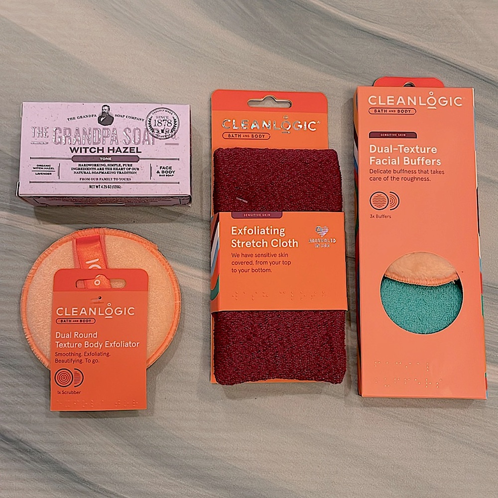 🛁NWT CLEAN LOGIC face/body scrubbers + GRANDPA SOAP bundle